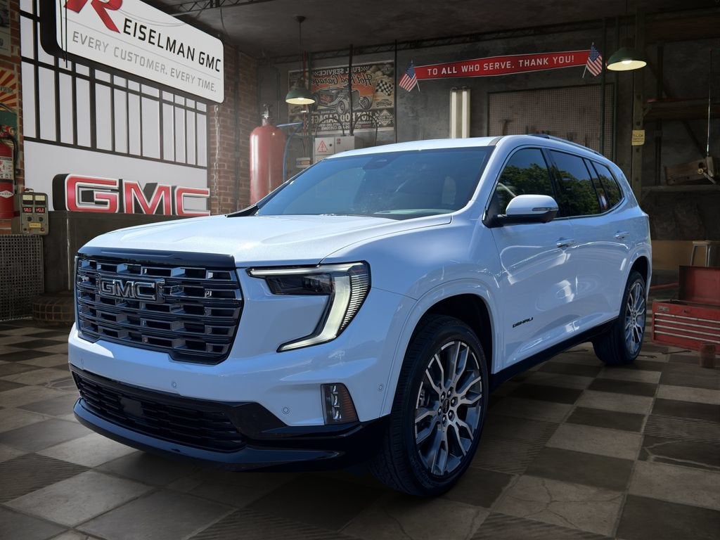 2026 GMC Acadia Denali Ultimate in Glacier White Tricoat — front three-quarter view