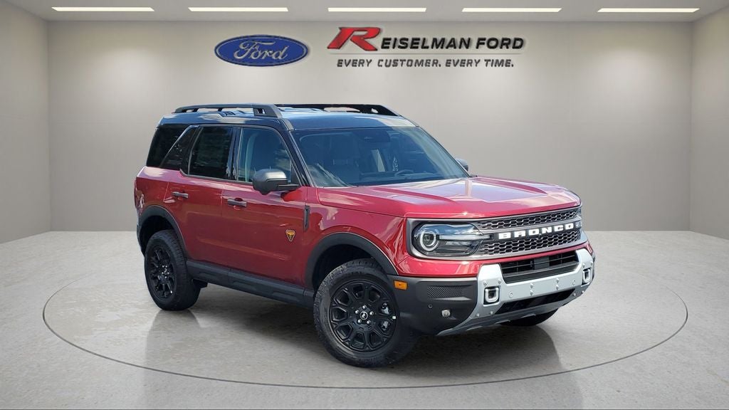 2025 Ford Bronco Sport Badlands in Ruby Red Metallic Tinted Clearcoat — front three-quarter view